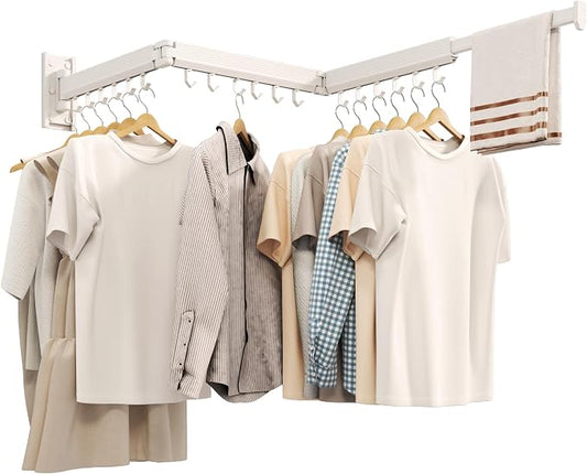 Wall Mounted Tri-Fold Clothes Drying Rack, Heavy Duty Collapsible Laundry Drying Rack, Space-Saving Retractable Foldable Drying Rack Clothes for Laundry Room Balcony Bathroom,White-Hooks