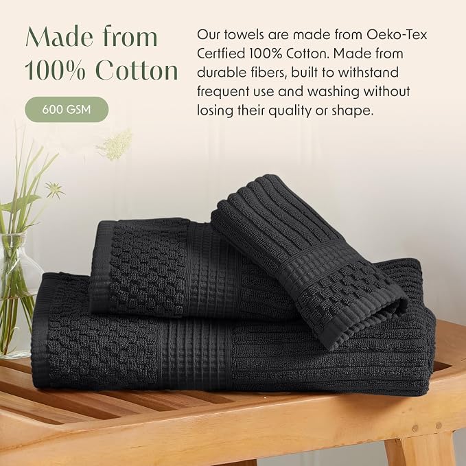 100% Cotton Bath Towel Set | 6-Piece Set | Textured | Black | Absorbent & Quick-Dry Bathroom Towels | Textured and Durable Cotton Towels for Bathroom | OEKO-TEX | Krista Collection