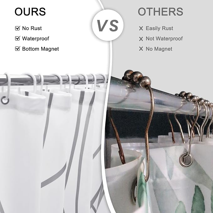 Striped Shower Curtain for Bathroom, Grey White, 72" W x 72" L | with Hooks, Modern Hotel Style, Water Repellent, Washable, Weighted Hem