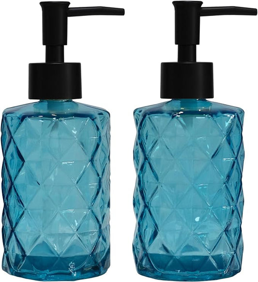 YYTSGG Blue Glass Soap Dispenser with Black Plastic Pump, 12oz, 2 Pack | Refillable Liquid Hand Soap Dispenser, Crystal Lotion Bottle for Modern Home Decor, Bathroom, Kitchen Countertop, Hotel