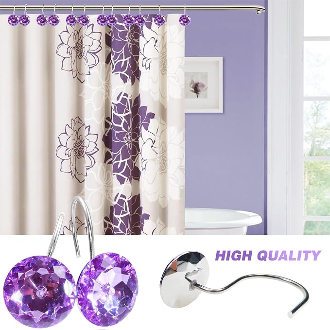 TOAOB Stainless Steel Shower Curtain Hooks Rings Bling Purple Shower Hooks Rust Resistant Shower Rings Set of 12 Pack for Decorative Curtain Accessories and Bathroom Rods