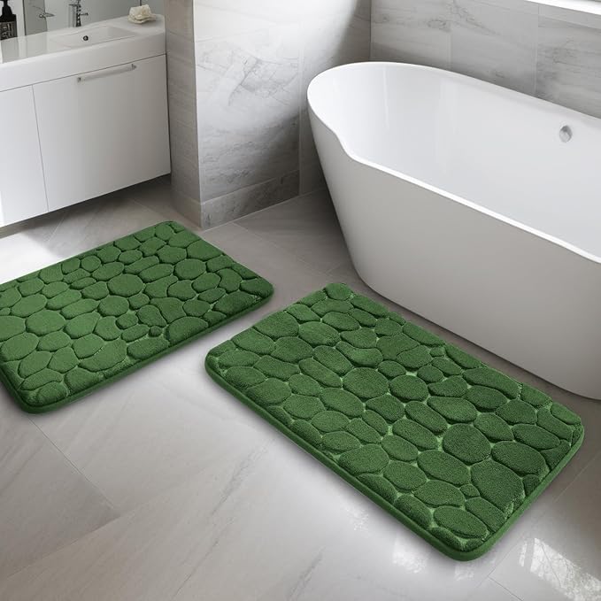 Bathroom Rugs Mat Set, Memory Foam Bath Mat 2 Piece Green | 17x24&20x32, Non Slip, Water Absorbent, Washable, Bath Mat For Bathroom, Sink and Toilet