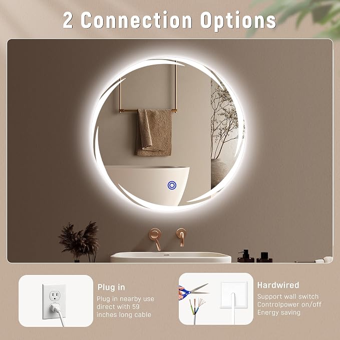 Bathroom Smart Mirrors with Three Color LED Lights,20”x20 Bath Round Mirror,Backlit + Front Lit Temperature Brightness Settings-Wall Mounted Lighted Bathroom Vanity Mirror