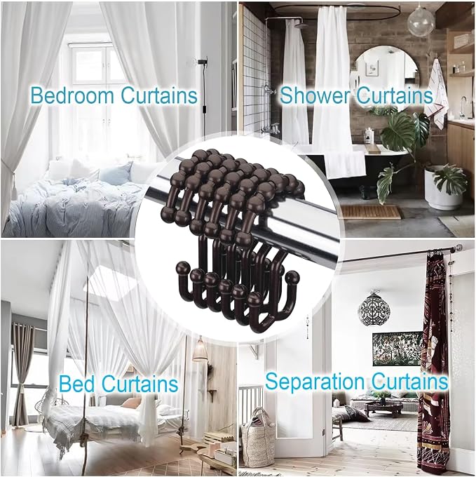 Resze 12 PCS Black Plastic Double Shower Curtain Hooks, Multi-Functional Rings for Bathroom Shower Curtain,Shower Curtain Liner and Kitchen Supplies, etc.