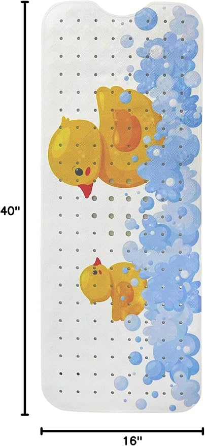 ENKOSI Non-Slip Bath & Shower Mat 40x16 Extra Long, Suction & Drain Holes | Fun rubber duck print for kids; Durable PVC; 40x16 in, Duck