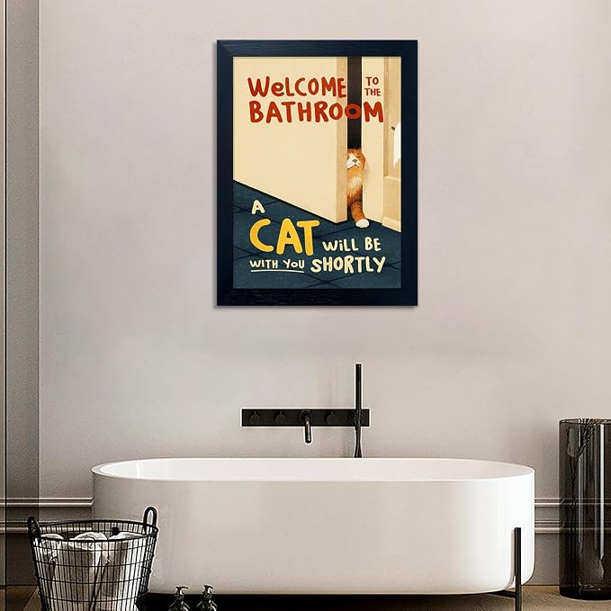 Framed Funny Bathroom Wall Decor Welcome to the Bathroom Painting A cat Will be With You Shortly Cat Lover Canvas Print Poster Modern Home Decor