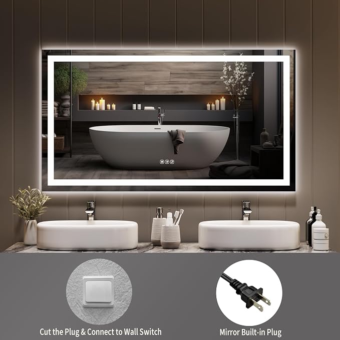 Large LED Bathroom Mirror 60x36 Inch - Frontlit & Backlit Frameless Wall Vanity Mirror with Stepless Dimming, Adjustable Color Temp, Anti-Fog Defogger, Smart Memory & 3X Suction Mirror, Sha