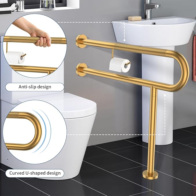 ZUEXT 31.5x28 Inch Gold Knurled Toilet Grab Bar with Toilet Paper Holder | Wall to Floor, Anti-slip Handicap Grab Bar, Stainless Steel Bathroom Support Rail with Leg, For Elderly Disabled Pregnant