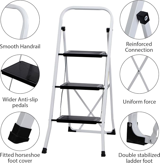 ZENY 3 Step Ladder Folding Step Stool with Wide Anti-Slip Pedal, Convenient Handgrip, Portable Steel Step Stool, 300 lbs Sturdy Steel Ladder for Household and Office, White