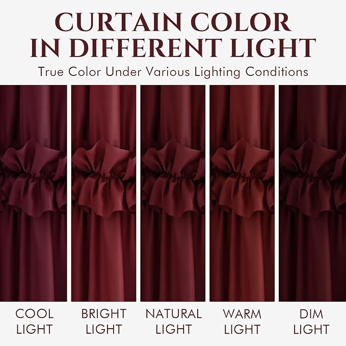 LIPA Boho Shower Curtain Rustic Ruffle Shower Curtain with Ruched & Bow Vintage Farmhouse Shower Curtains for Bathroom Bohemian Bathroom Decor(Burgundy,72x72 Inches)