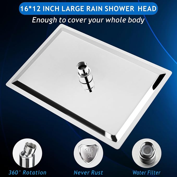 Voolan Extra Large Rain Shower Head - High Flow Square Rainfall Showerhead - Waterfall Full Body Coverage - Universal Ceiling or Wall Mount (16 * 12 Inch Rectangle, Chrome)