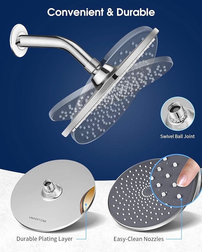 Large Shower Head VMASSTONE 9In High Pressure Showerhead - Tool Free Installation- with Large Spray Surfaces and 200 Nozzles for Delicate and Unstimulate Shower Experience (EM-001 Chrome/Dark Grey)
