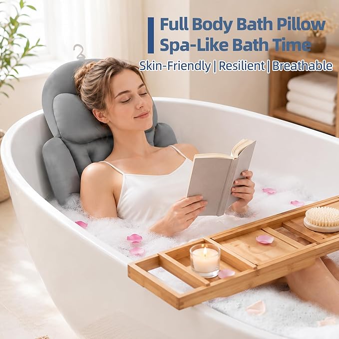 Full Body Bath Pillow for Tub, Ergonomic Head Neck Back Support, 192 Non-Slip Suction Cups, Thick Cushion with Laundry Bag, Fits Most Bathtub, 56"x16" Grey
