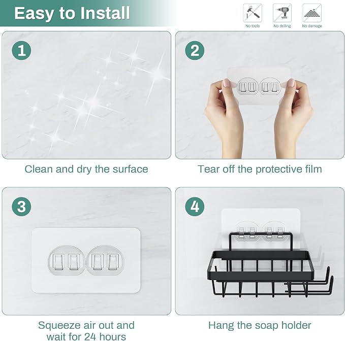 Self Draining Adhesive Soap Bar Holder for Shower Wall with with Soap Saver | Soap Dish Container Caddy Saver with 2 Hooks for Razor Loofah, Shampoo Sponge Tray Case Box for Bathroom Kitchen Sink, Black