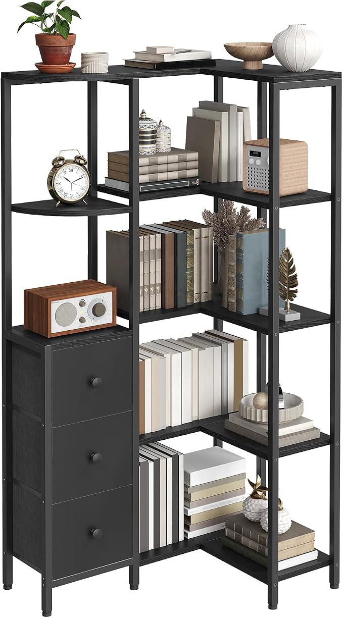 Corner Bookshelf, 5-Tier L-Shaped Bookcase with 3 Fabric Drawers, Storage Display Shelf, Freestanding Tall Open Shelf, for Living Room, Bedroom, Home Office, Black SJ12BB