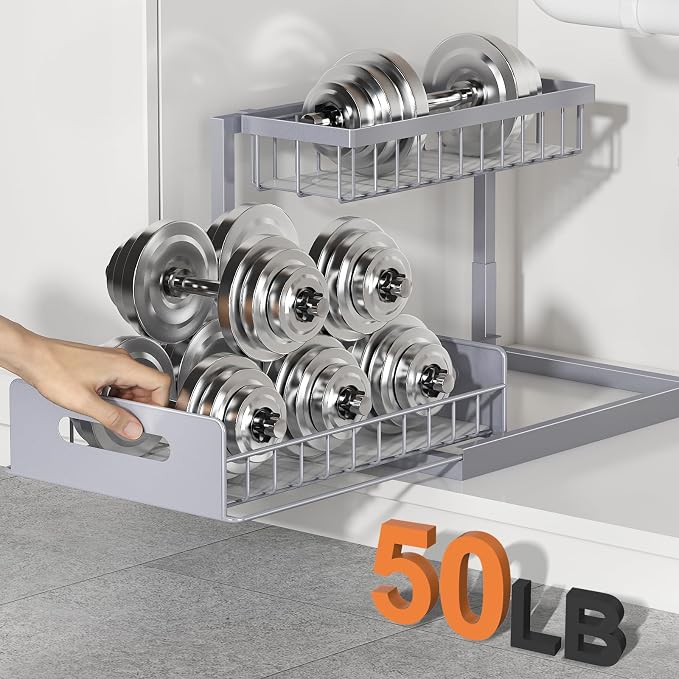 Under Sink Organizer, L-Shaped 2 Tier Pull Out Cabinet Organizer | For Kitchen and Bathroom, Slide Out Under Cabinet Storage, Metal Under Sink Storage with Sliding Drawer, 50 lbs, Grey 2 Pack