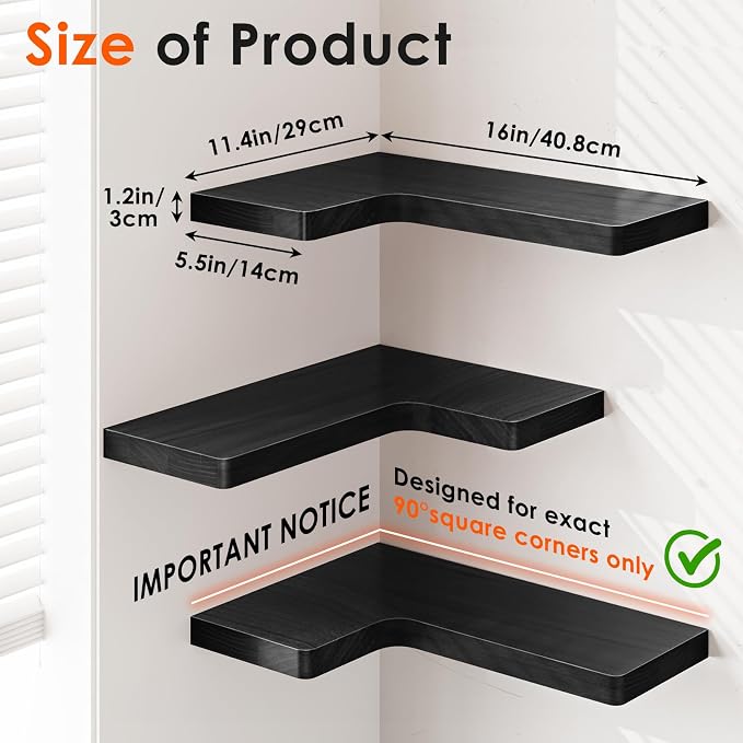 Fixwal Corner Floating Shelves for Wall Mounted Natural Solid Wood 16"x11.4" Farmhouse Home Decor Display Shelving Set of 3 (Black)