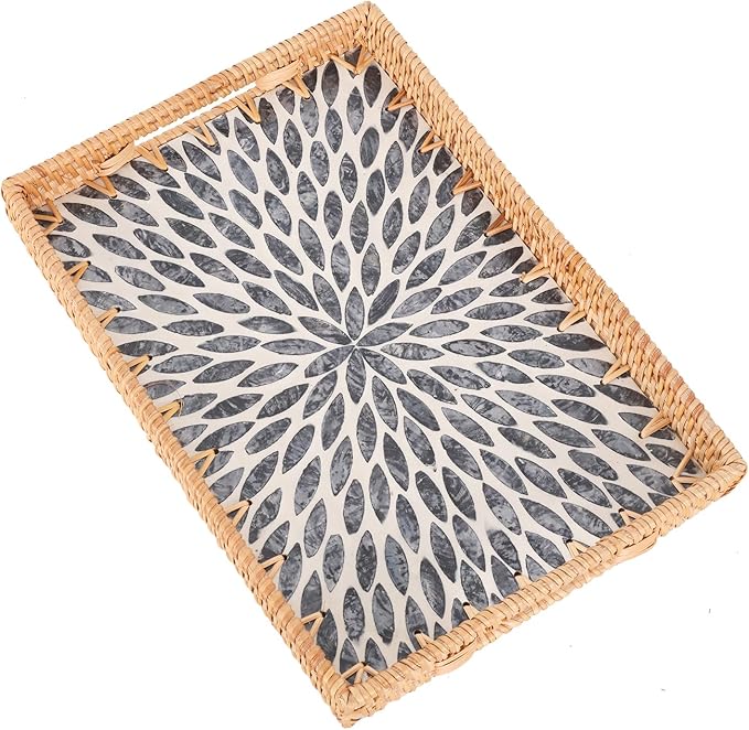 Rectangle Rattan Tray with Mother of Pearl Inlay, Rattan Serving Tray with Handle for Coffee, Bread, Fruits, Snacks, Decorative Wicker Tray for Table Decor (Rectangle Black Leaf, 13"×9")