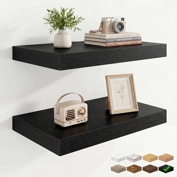 Marsmiles 9.25in Depth 16in Floating Shelves, 16x9.25x1.4, Black, Set of 2 | Wall Mounted Engineered Wood Shelves, Invisible Brackets for Living Room, Bedroom, Bathroom, Kitchen Decor and Storage