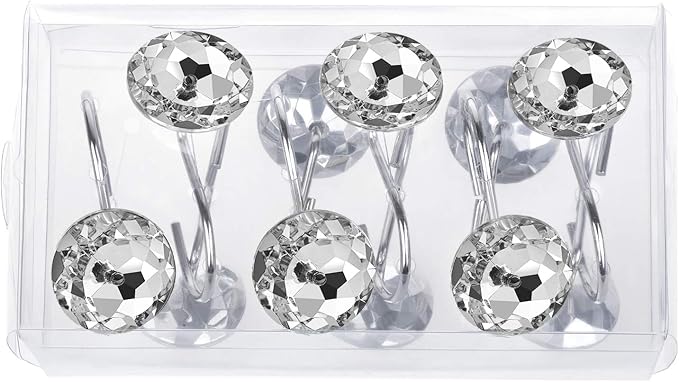 HBlife 12 Pcs Acrylic Decorative Rolling Diamond Shower Curtain Hooks Rust Proof Rhinestones Crystal Bling Shower Curtain Hooks for Curtain and Shower Rod, Clear Round