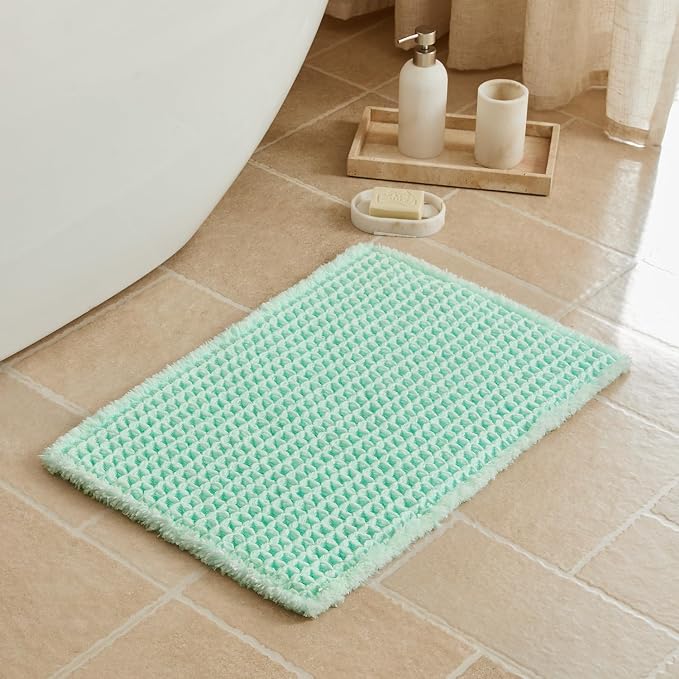 Triohero Waffle Bath Mat, Small Boho Bathroom Rugs Non Slip Washable, Ultra Soft Super Absorbent Quick Dry Farmhouse Bathroom Decor, 16" x 24", Sea Foam Blue