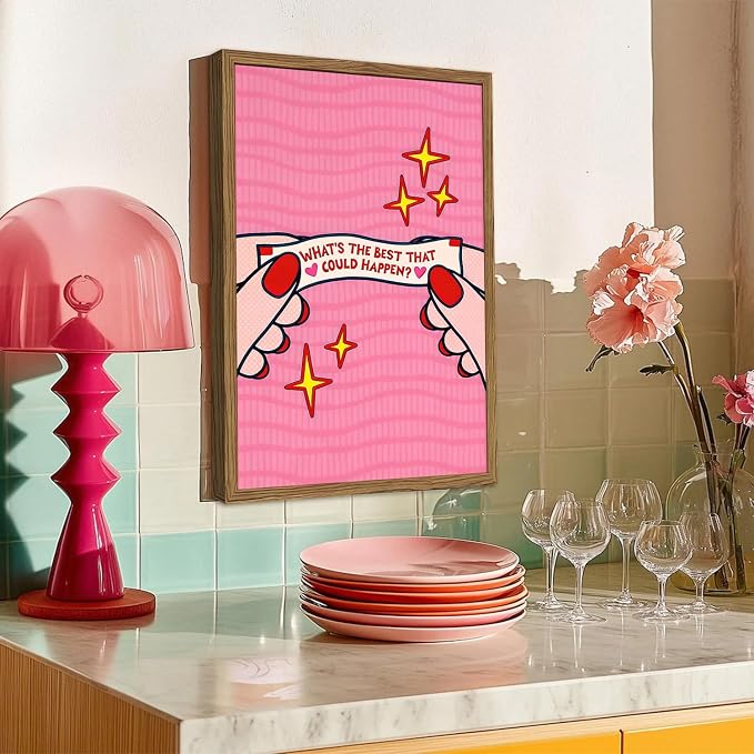 What's the Best That Could Happen Wall Art Positive Quote Poster Canvas Print Pink Preppy Dorm Room Decor Inspirational Fortune Cookie Wall Decor for Bedroom Office 12x16 inch Wood Framed