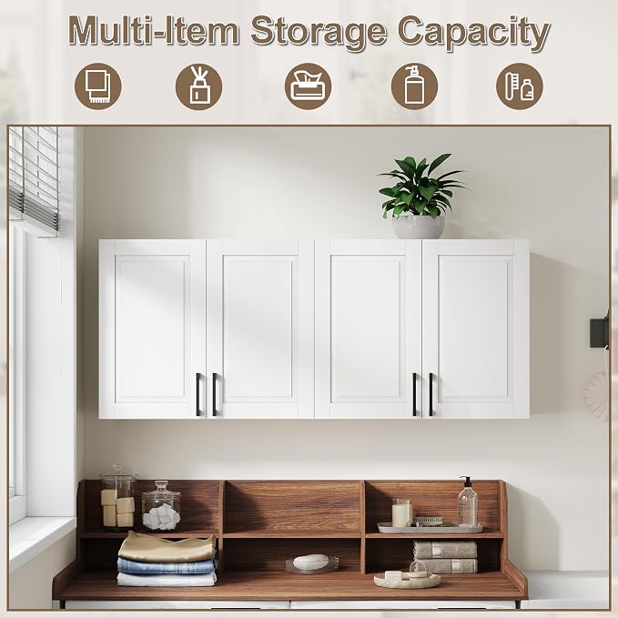 ChooChoo Laundry Room Cabinets, 4 Doors Wall Mounted Storage Cabinet | Kitchen Wall Storage, Bathroom Wall Cabinet, White