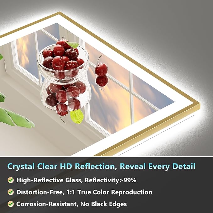 96x36 Gold LED Bathroom Mirror, Backlit & Front Lit Lighted Mirror | Brushed Gold Framed, Anti-Fog Vanity Mirror with Lights, 3 Color Dimmable, Memory, HD Tempered Glass, CRI95, Wall Mounted