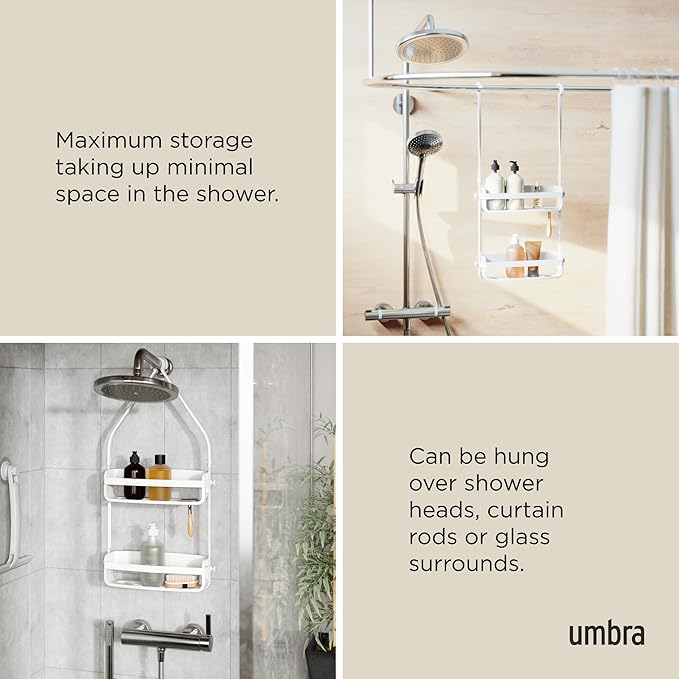 Umbra Flex Shower Caddy, Hanging 2 Shelves Bathroom Organizer, White | Flexible silicone bands, drainage system, mold resistant, bottle collars, overhead mount