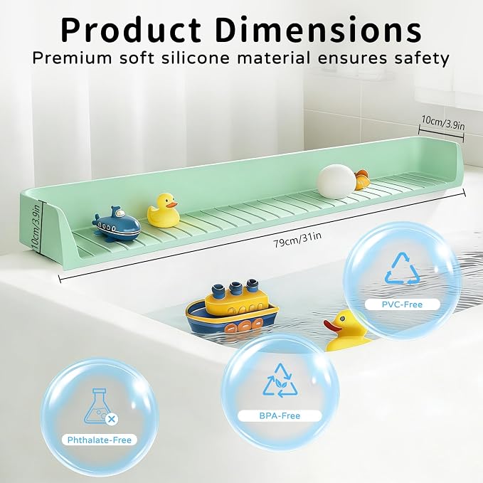Splash Guard for Bathtub, 31-Inch Silicone Tub Toy Tray for Kids | Bathtub Splash Guard for Kids, Tub Edge Guard with Toy Holder Shelf to Help Reduce Spills and Keep Floors Dry