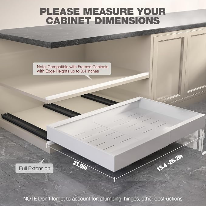 Seinloes 2 Pack Pull Out Cabinet Organizer 22" Deep,Full Extension 3 Slide Rails Slide Out Drawers With Raising Pad for Framed Cabinets,Expandable Width (15.4"-26.2"),No Drill Roll Out shelf,White