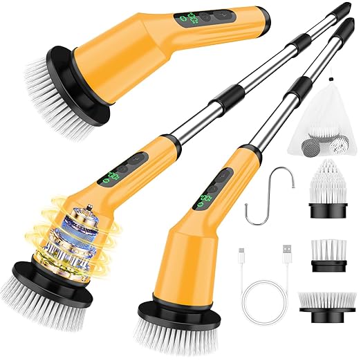 Electric Spin Scrubber for Bathroom, Shower Scrubber with Long Handle | Shower Cleaner Brushes, IPX7 Waterproof & 2 Speed, 3 Brush Heads, 90min Runtime, Bathroom Cleaning Supplies for Toilet Tub
