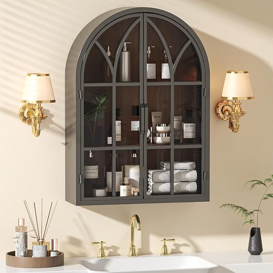 Arched Wall Cabinet with Glass Door, NO Assembly, Metal Wooden | Metal Frame, 12MM Wooden Shelves, Handcrafted Arched Design, 40-lb per Tier, 5MM Tempered Glass, for Bathroom Wall Medicine