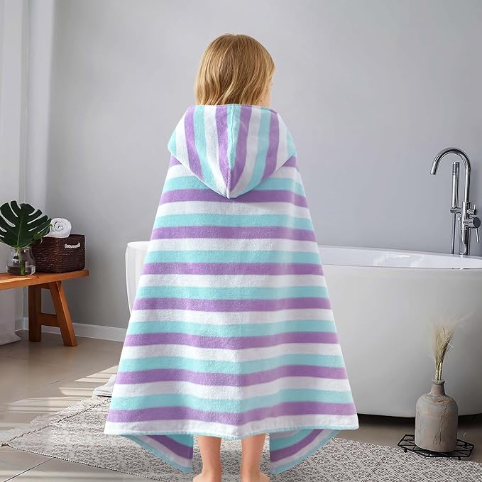 VOOVA & MOVAS Kids Wearable Towel,3-10 Years,100% Cotton, Purple Striped | Slim Light Weight, Quick Water Absorption, Great for Bath, Swim, Pool and Beach Vacation