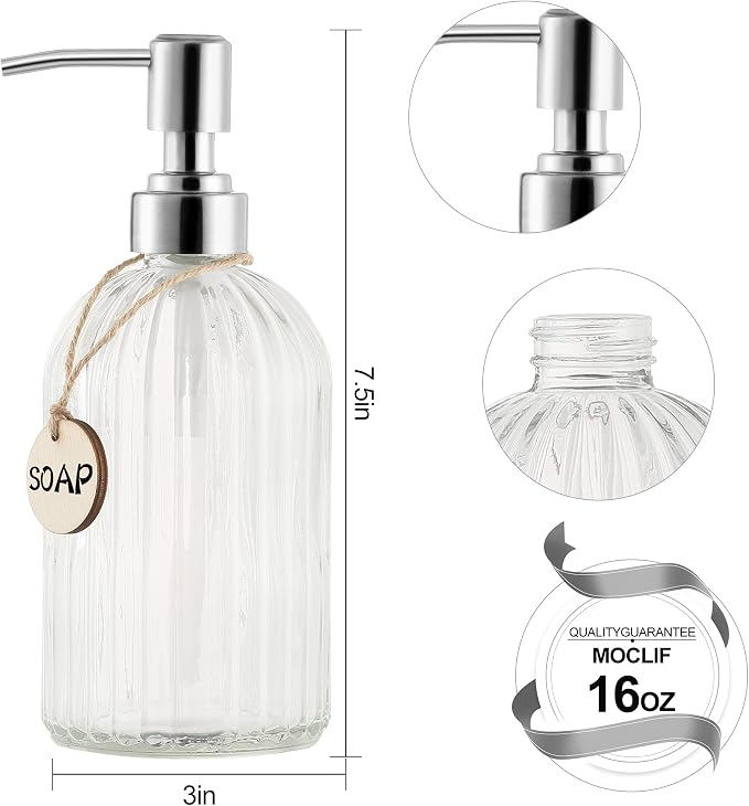 MOCLIF 16 OZ Soap Dispenser，Tempered Glass Clear Vertical Stripe with 304 Rust Proof Stainless Steel Pump Refillable Liquid Hand Soap Dispenser，for Bathroom, Kitchen, Dish Soap，Lotion (Clear)