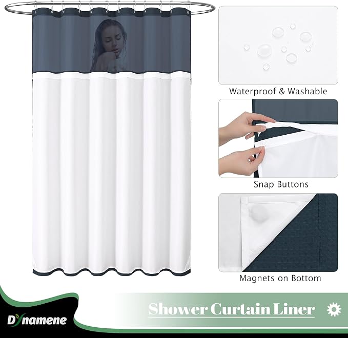 78 Inch Long Shower Curtain, Tall Waffle Fabric Shower Curtains for Bathroom, Hotel Waterproof Cloth Shower Curtain Liner Set with Hooks, Snap in Liner, Mesh Top Window, Navy Blue, 72x78