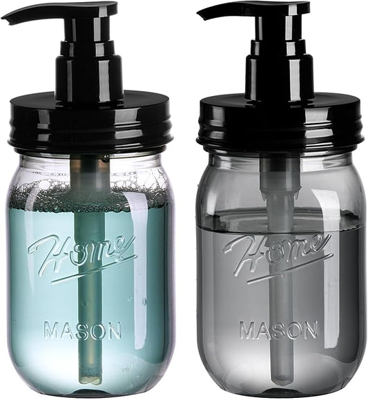 Amolliar Plastic Mason Jar Soap Dispenser with Pump Lid 16OZ -2 Pack Black | Refillable BPA-Free Hand Soap Dispenser Set with Cute Lables, Farmhouse Decor for Kitchen Bathroom Liquid Dish Soap Lotion
