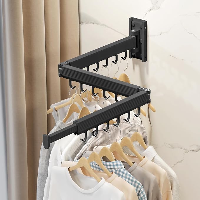Wall Mounted Tri-Fold Clothes Drying Rack, Heavy Duty Collapsible Laundry Drying Rack, Space-Saving Retractable Foldable Drying Rack Clothes for Laundry Room Balcony Bathroom,Black-Hooks