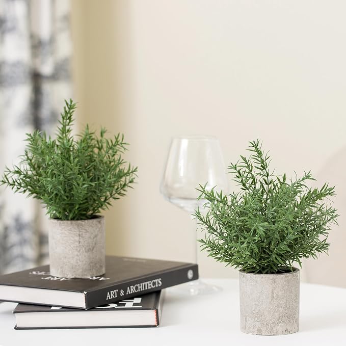 Coferset 2 Pack Small Fake Plants Rosemary Potted,Green | Small Space Artificial Plants for Bathroom Shelf Office Desk Home Farmhouse Room Coffee Table Tray Decor
