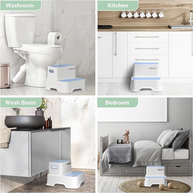 2 Step Stools for Kids,Toddler Step Stool for Bathroom Sink,No-Slip Double up Stepping for Toddlers, Multifunctional Toilet Potty Stool for Kids,Toilet Potty Training(2 Packs)（Blue）