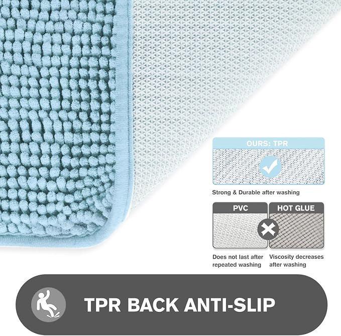 Small Bathroom Rug 12"x18" – Washable and Absorbent Bath Mat, Non Slip, Thick Soft Chenille Bath Rugs for Bathroom, Shower, Sink, Dog mat(Light Blue)