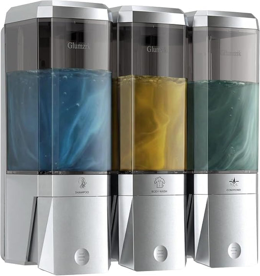 Shampoo and Conditioner Dispenser Wall Mounted No Drill, Shower Soap Dispenser 3 Chamber Shampoo Conditioner Body Wash Refillable 3 * 17oz Shower Soap Dispenser for Bathroom Hotel, Silver+Smoke Gray