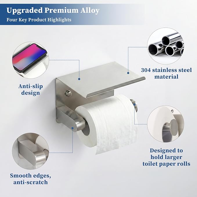 Brushed Nickel Toilet Paper Holder Wall Mount, Fits Rolls Size Sliver Toilet Paper Holder with Shelf, Rustproof Stainless Steel Toilet Paper Roll Holder, Toilet Tissue Holder for Bathroom