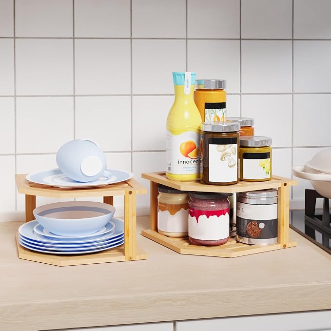 VERTORGAN 2 Tier Bamboo Plate Organizer,Corner Shelf for Kitchen | Pantry Storage,Dish Rack,Spice Rack,Corner Organizer,Kitchen Counter Shelves,Kitchen Storage,Holds Plates