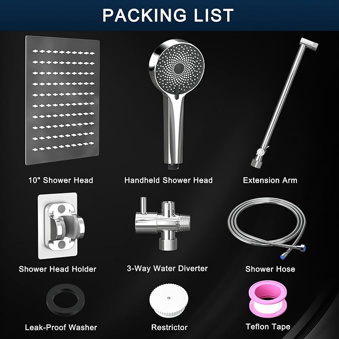 Shower Head, Rain Shower Head with Handheld Spray Combo, 10 Inch Adjustable High Pressure Rainfall Shower Head, Dual Showerhead Set with Extension Arm and 60 Inch Long Shower Hose (Silver)