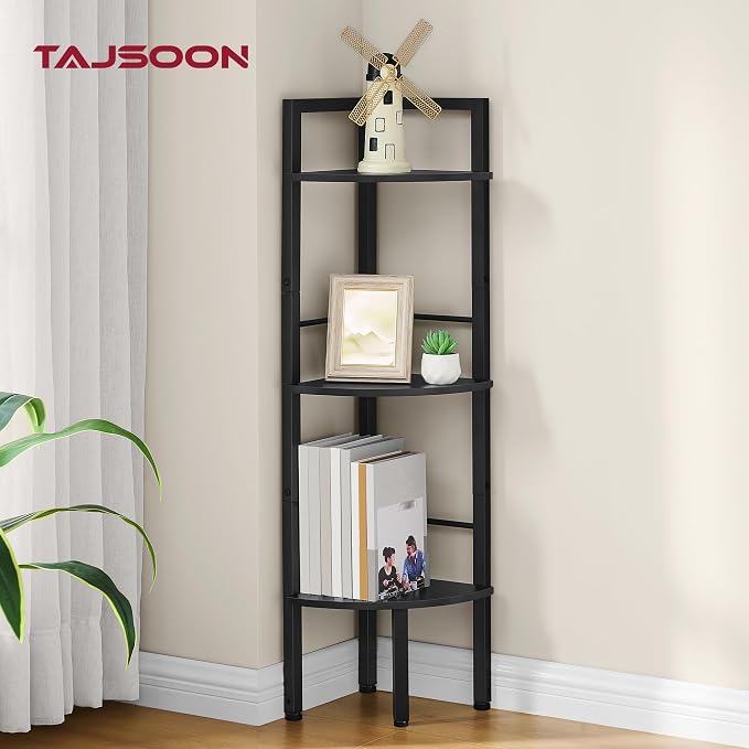 Small Corner Shelf Stand 3 Tier 39.5" with Metal Frame, Black | Industrial Narrow Corner Shelf, Multipurpose Tall Corner Bookshelf, Small Corner Table Bedroom, Living Room, Office, Kitchen