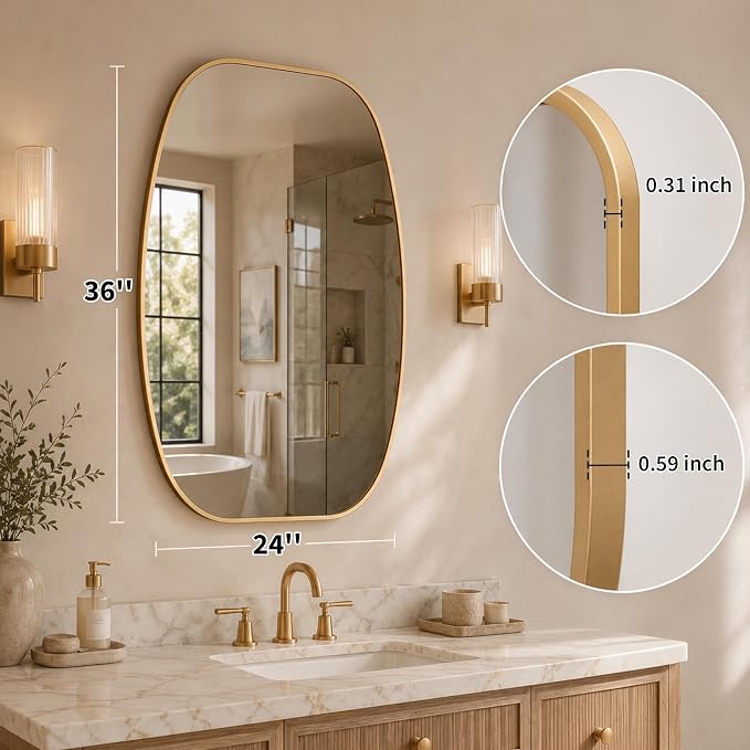 Matte Gold Capsule Bathroom Mirror, 24x36 Inch | Aluminum alloy frame, muted vintage gold tone, tempered glass, two-way mount for dressing space