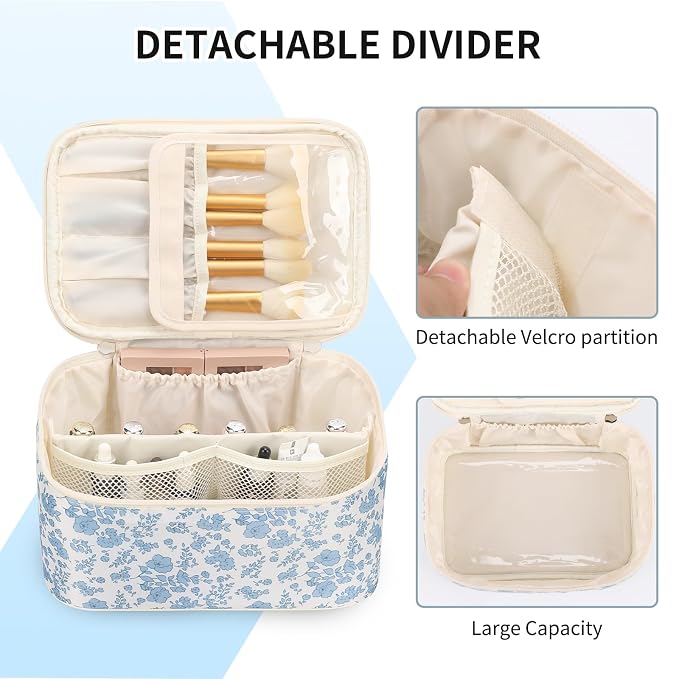 Makeup Bag Portable Cosmetic Bag For Women, Large Capacity Travel Makeup Case Organizer, Toiletry Bag for Girls Traveling With Handle and Divider-Flowers