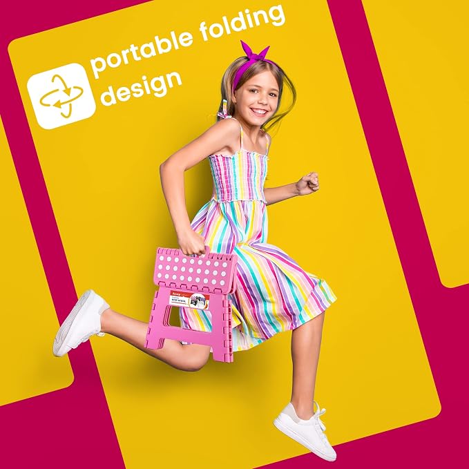 9" Folding Step Stool for Kids, Holds 300 lb Foldable Stools, Pink | Heavy Duty Collapsible Foot Stools, Lightweight, Non-Slip, for Toddler/Adults Kitchen Bathroom Bedroom Outdoor, with Handle