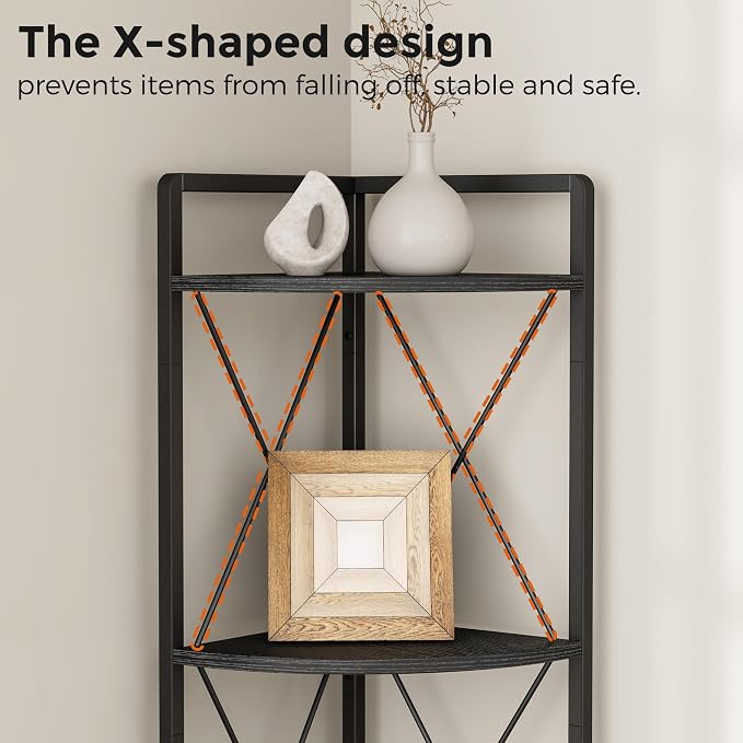 6 Tier Corner Shelf Stand, 78" H Tall Corner Bookshelf, Black | Industrial Metal Corner Shelf for Living Room Decor, Plant Stand Display Shelf for Bedroom, Bathroom, Small Spaces